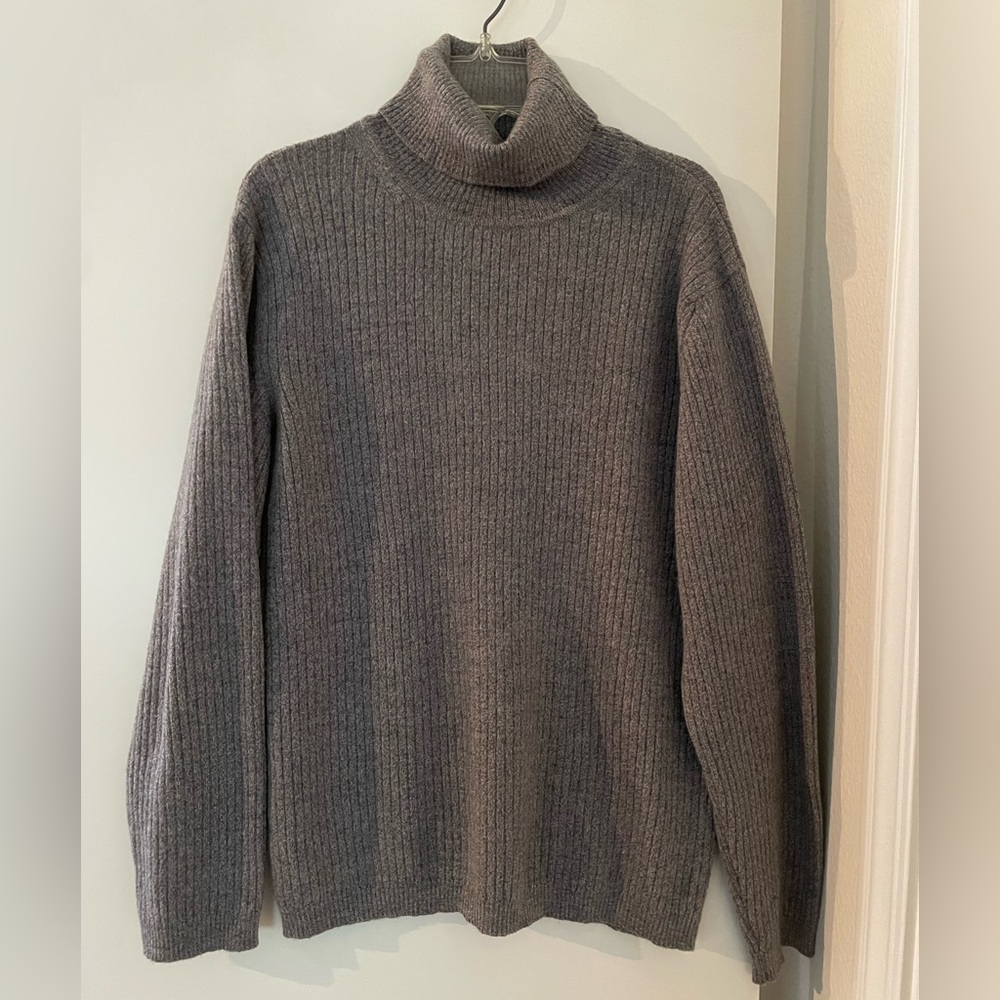 Italian Pure Merino Wool Long Sleeve Ribbed Turtleneck Sweater Knit Grey